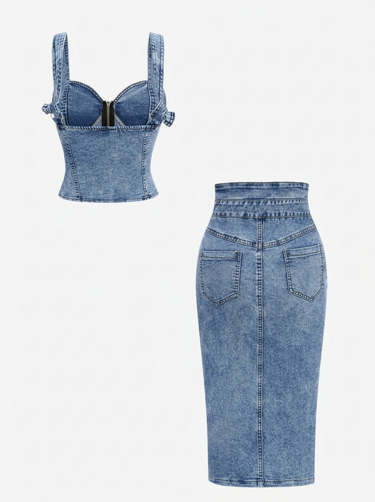 Conjunto de top sin mangas con cremallera y falda con bolsillos y botones de denim