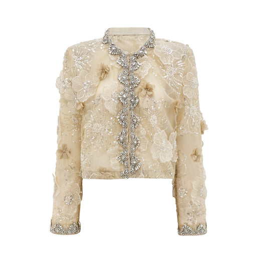 Chaqueta ligera semitransparente con flores bordadas