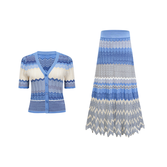 Top y falda de punto azul con diseño en zigzag