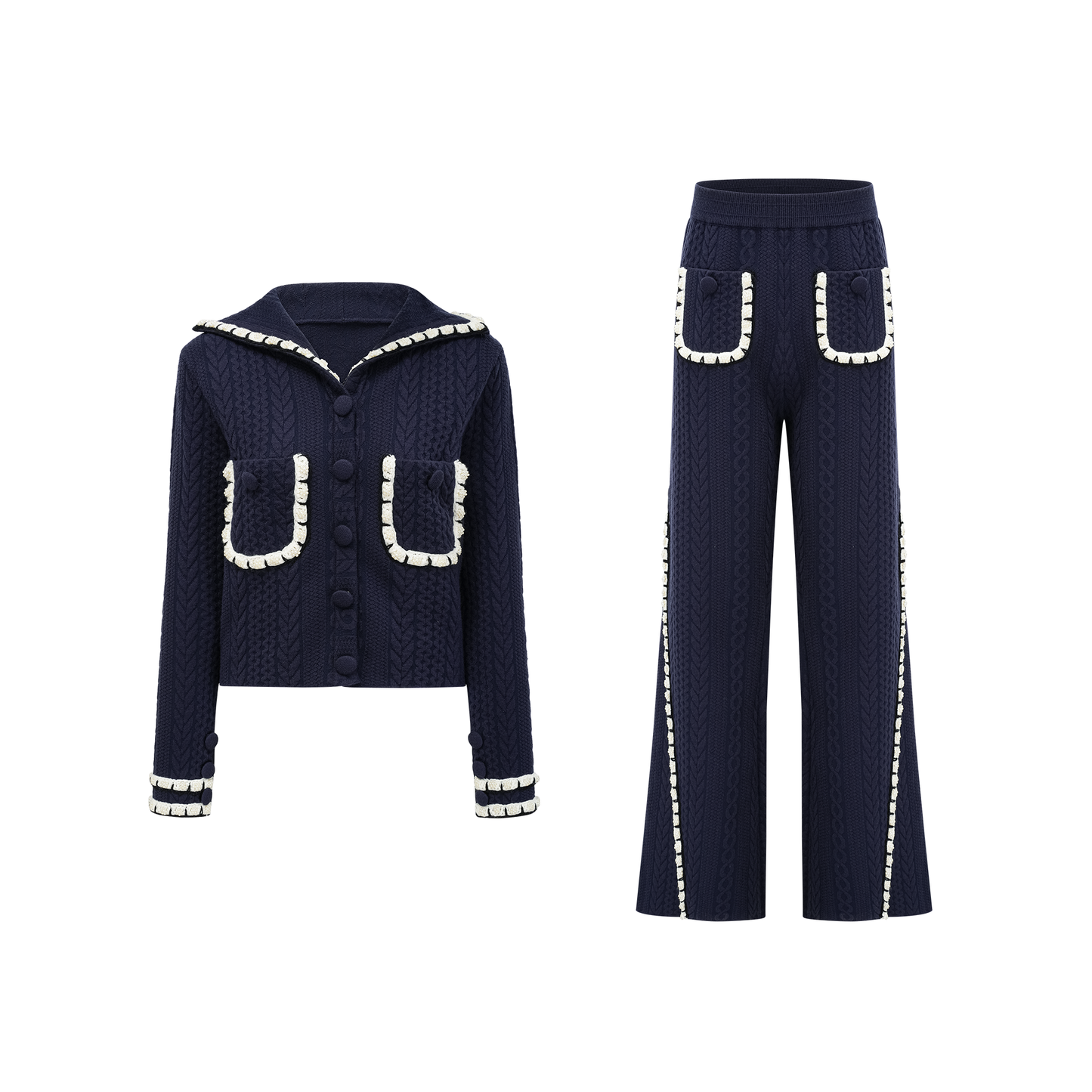 Chaqueta de punto azul marino y pantalones