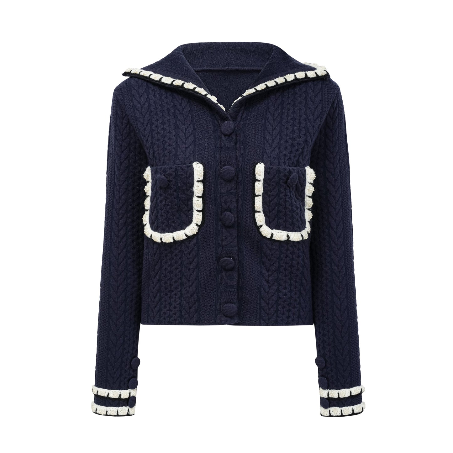 Chaqueta de punto azul marino y pantalones