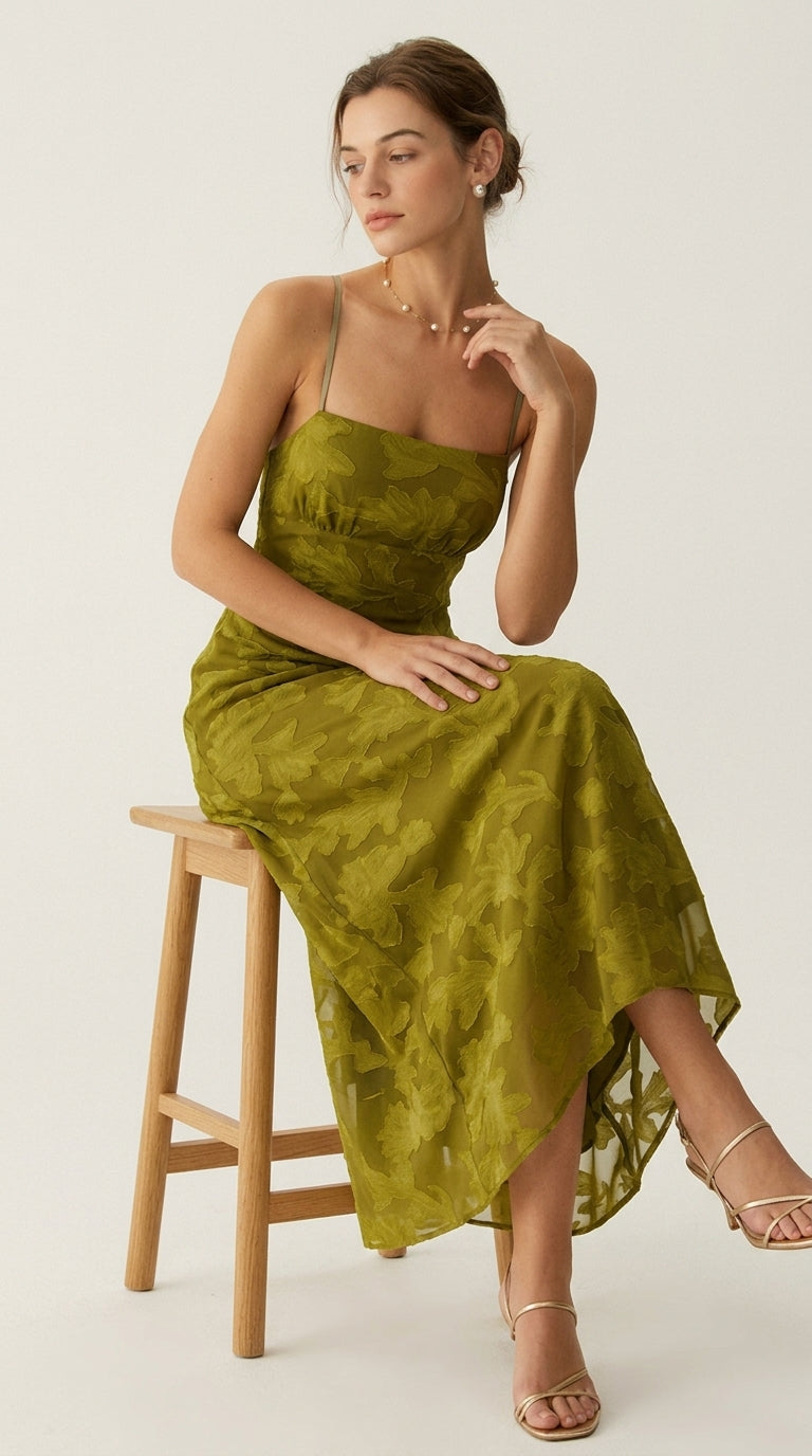 Vestido largo sin espalda con fruncidos y estampado floral verde