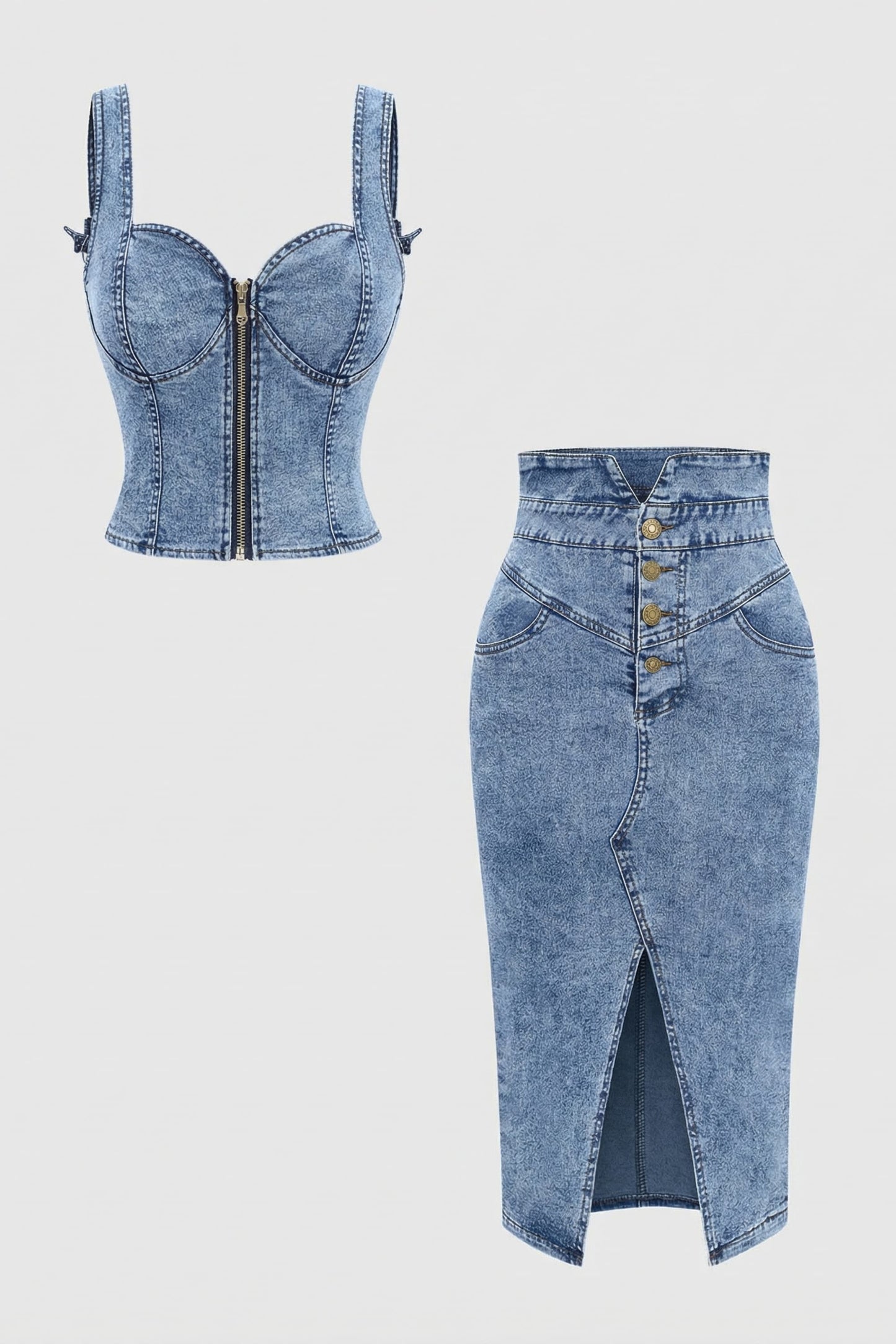 Conjunto de top sin mangas con cremallera y falda con bolsillos y botones de denim