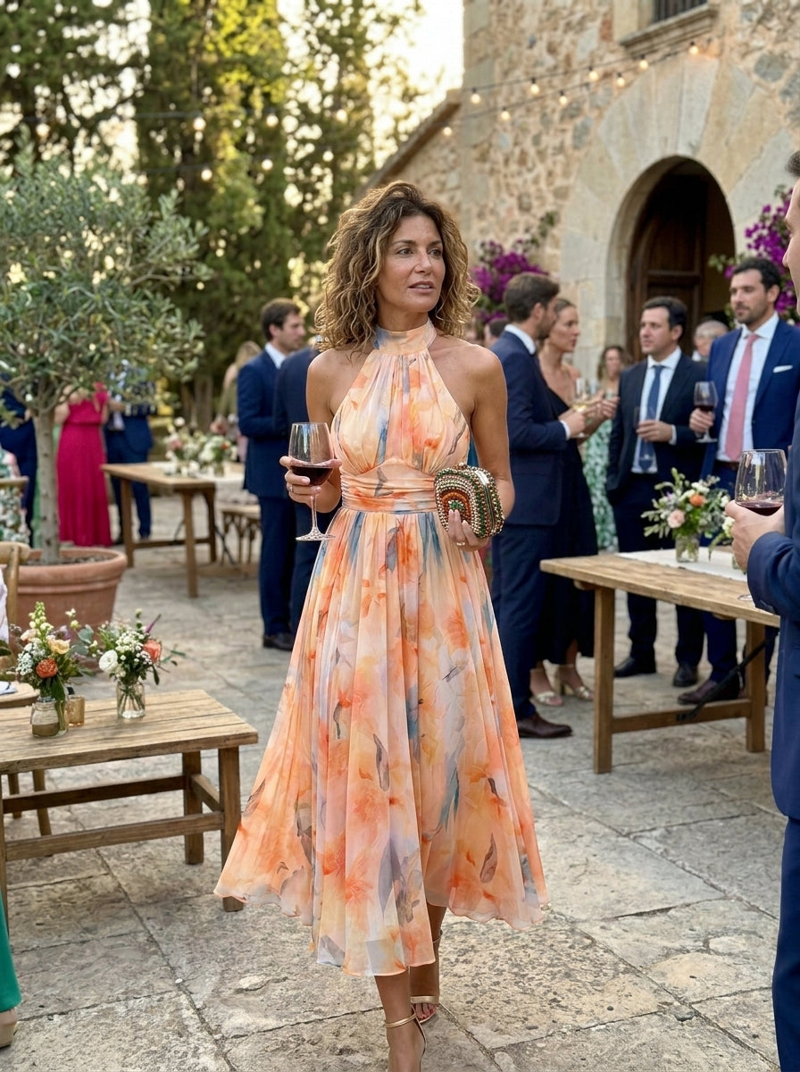 Aurora | Vestido con cuello halter y estampado de acuarela