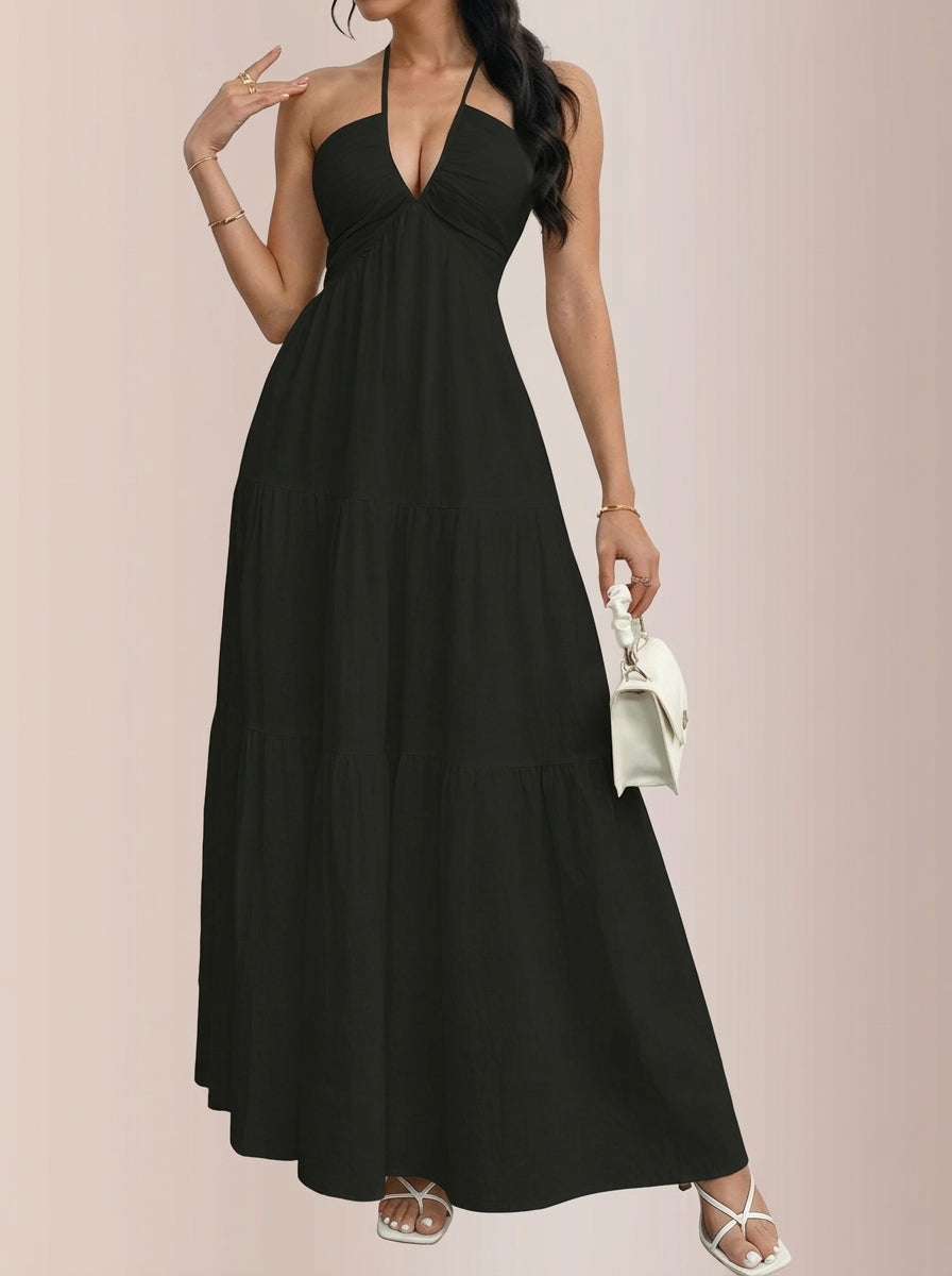 Vestido largo con volantes y cuello halter