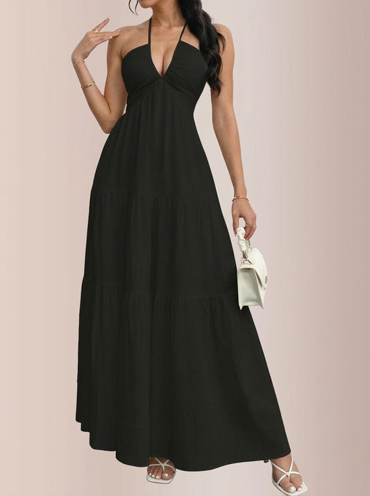 Vestido largo con volantes y cuello halter